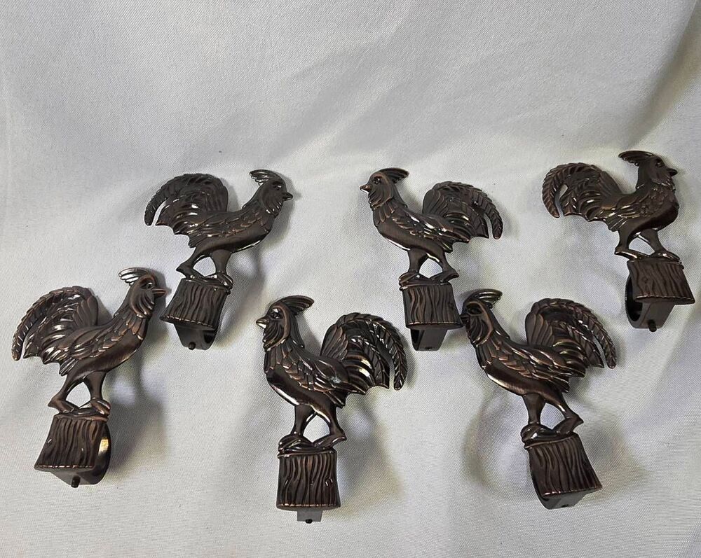 Vintage Kirsch Waverly Rooster Curtain Rod Finials Rosettes - Bronze Finish - Se